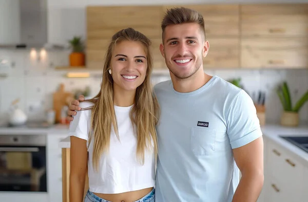 Young couple posing closely together in their kitchen