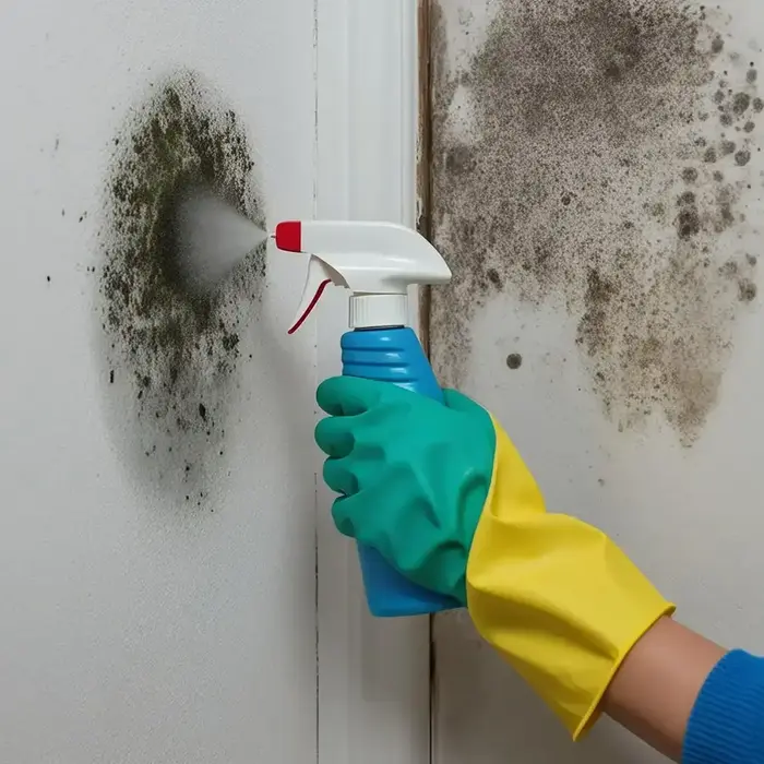 Spray bottle closely saturating a cluster of mold on a wall